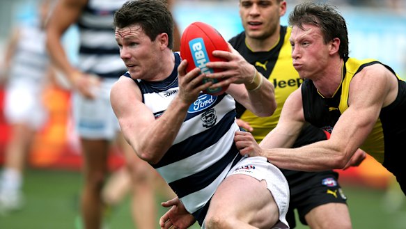 Tracking back: Richmond's Dylan Grimes will aim to restrict the impact of Geelong's danger man in Friday night's preliminary final.