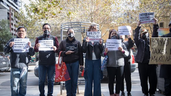 Protest outside the Melbourne apartment block where it is believed the incoming Philippines president Ferdinand “Bongbong” Marcos is visiting his son.