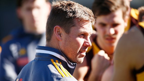 Sam Mitchell addresses his players during the Round 16 VFL match between Collingwood and Box Hill Hawks at the Holden Centre.