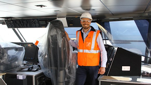 Austal's head of programs Mark House on the bridge of the largest ferry the company has ever built. The Mols Linien Auto Express 109 will commence sea trials soon.
