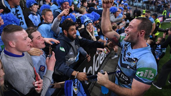 Big blue: Blues captain Boyd Cordner celebrates victory in game II in Sydney.
