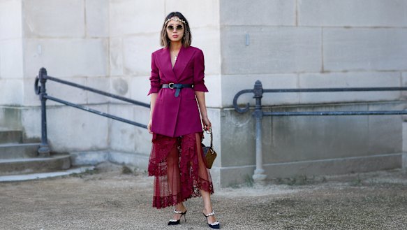 Fashion influencer Aimee Song in a maxi skirt during Paris Fashion Week.