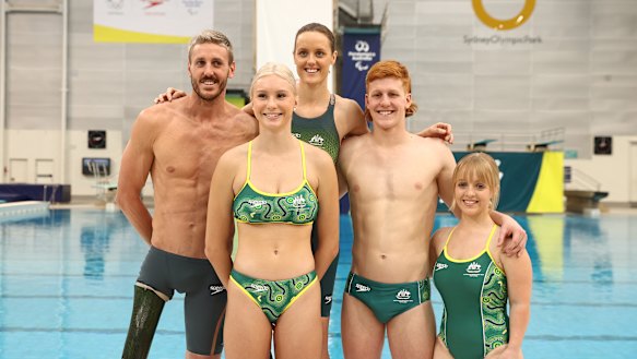 Members of the Australian Paralympics swimming team, from left, Brenden Hall, Keira Stephens, Ellie Cole, Col Pearse and Tiffany Thomas Kane at their uniform launch for the Tokyo Games in May.
