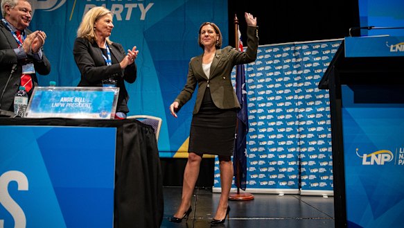 Queensland LNP leader Deb Frecklington (right) at the party's state convention at the Royal International Convention Centre in Brisbane on Sunday. 