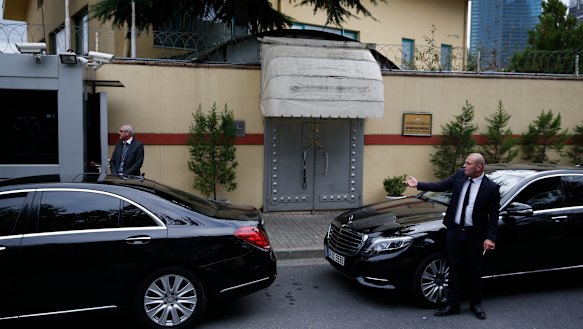 Security guards stand outside the Saudi Arabia's consulate in Istanbul, on Tuesday.
