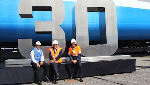 Austal USA president Craig Perciavalle, Austal chairman John Rothwell and chief executive David Singleton celebrated Austal's 30th birthday last week.