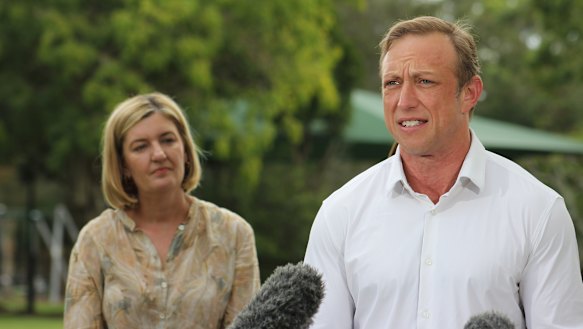 Steven Miles spoke in Stafford on Sunday, flanked by possible future leaders Shannon Fentiman (left) and Cameron Dick, factional heavyweight Grace Grace, and winning Labor candidate Luke Richmond. 