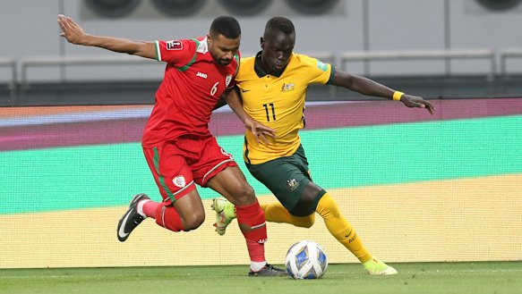 Awer Mabil, right, took just nine minutes to score Australia’s first goal in Qatar.