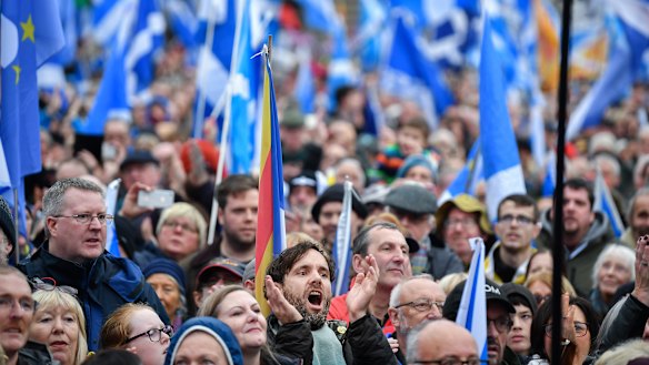 Independence supporters gather at rally in George Square in Glasgow, Scotland.