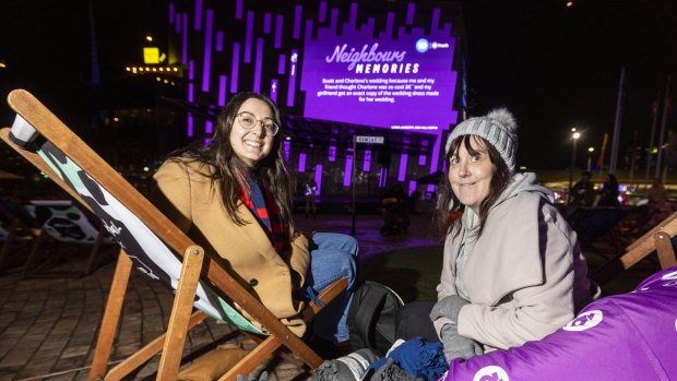 Neighbours fans (L-R) Liana Tieri and Caroline Kilkenny at Federation Square watching the final episode of Neighbours.