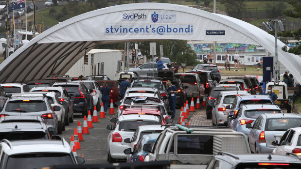 Lines at the Bondi COVID testing centre in December. Apart from Anthony Albanese’s week in COVID-19 isolation, the pandemic was not a major presence on the campaign trail.