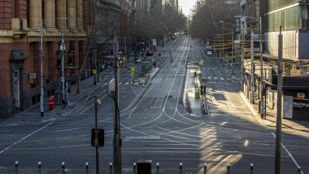 Melbourne's Bourke Street, empty in August 2020, shows the vulnerability of CBDs in the pandemic.