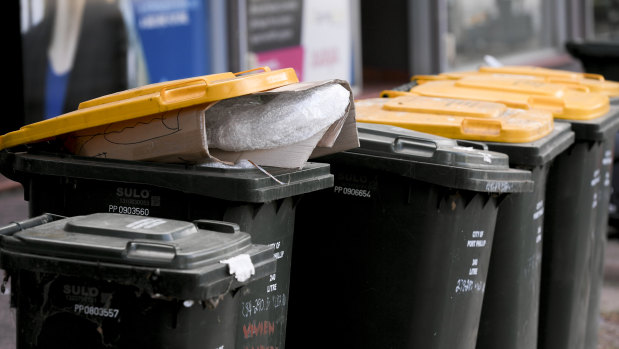 Rubbish in recycling bins collected in St Kilda on Tuesday was bound for landfill. 