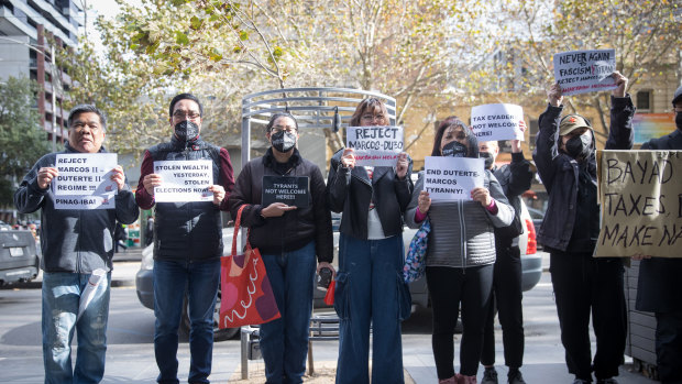 Protest outside the Melbourne apartment block where it is believed the incoming Philippines president Ferdinand “Bongbong” Marcos is visiting his son.