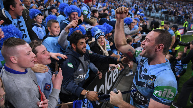 Big blue: Blues captain Boyd Cordner celebrates victory in game II in Sydney.