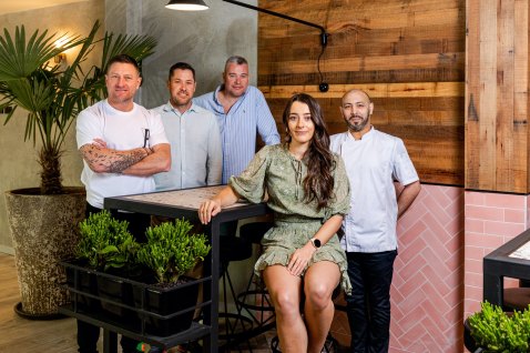 The Pirate Life team: Sneakers and Jeans CEO Andy Freeman, Sneakers and Jeans general manager Lachlan Howarth; bar manager Frazer Devine,  Pirate Life general manager Julia Morgan and head chef Charlie Vargas.