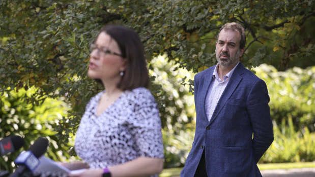 Andrews government ministers Jenny Mikakos and Martin Pakula at a March press conference where security guards were discussed.