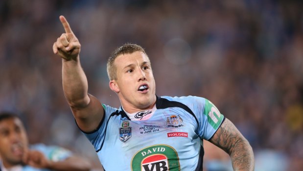 Trent Hodkinson celebrating his decisive try in game two.