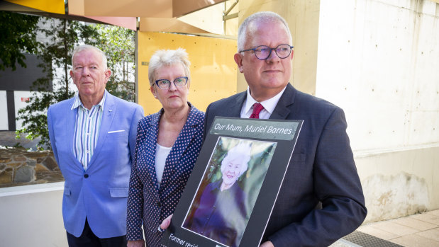 Siblings (from left) Graham, Debra and Michael Barnes leave the Commonwealth Law Courts after giving evidence at the Royal Commission into Aged Care Quality and Safety.