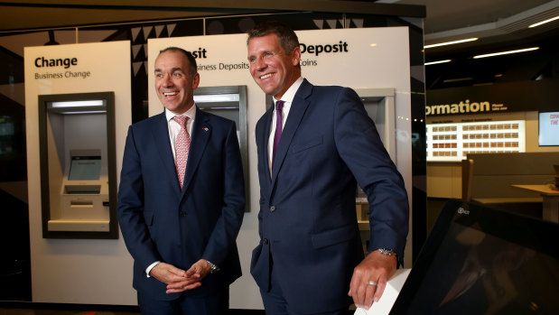 Former premier Mike Baird, pictured with former NAB chief Andrew Thorburn, upon joining the bank in April 2017.