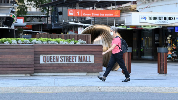 People wear face masks in Queen Street Mall in the Brisbane CBD after Premier Annastacia Palaszczuk announced a three-day lockdown for Brisbane.