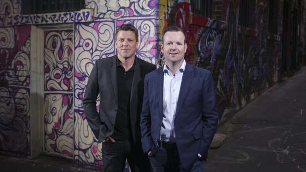 Aconex co-founders Rob Phillpot and Leigh Jasper after selling their business to Oracle. 