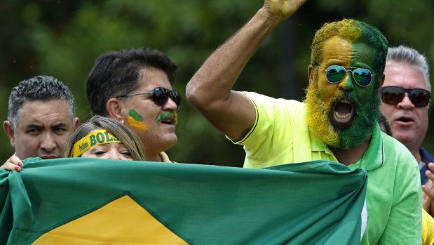 A supporter of Brazilian President Jair Bolsonaro, face painted in the colours of the Brazilian flag, celebrates after the new party's creation.