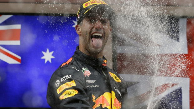 Ricciardo celebrates his Monaco win in 2018.