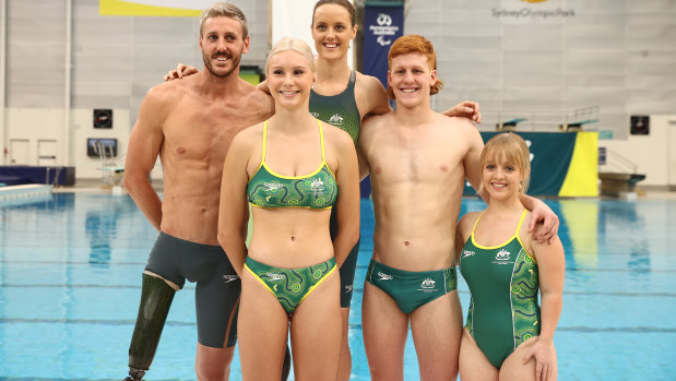 Members of the Australian Paralympics swimming team, from left, Brenden Hall, Keira Stephens, Ellie Cole, Col Pearse and Tiffany Thomas Kane at their uniform launch for the Tokyo Games at Sydney Olympic Park on Thursday.