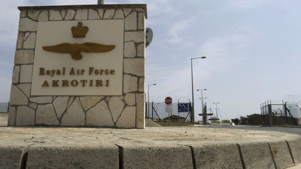 The gated entrance of the British Royal Air Force base in Akrotiri in the eastern Mediterranean island of Cyprus.