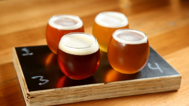 The beer tasting paddle at Tallboy and Moose bar and brewery in Preston.