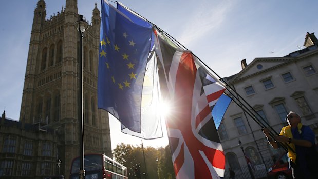 An anti-Brexit demonstrator waves flags outside the Houses of Parliament in London.