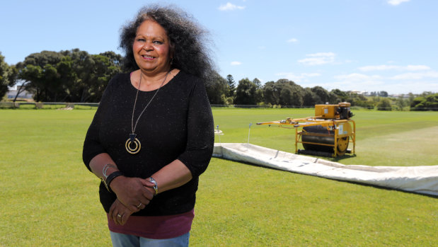 Warrnambool artist Aunty Fiona Clarke created the Walkabout Wickets design, which has adorned Australian jerseys.