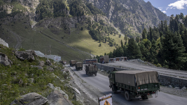 An Indian army convoy moves on the Srinagar-Ladakh where India has border disputes with China.
