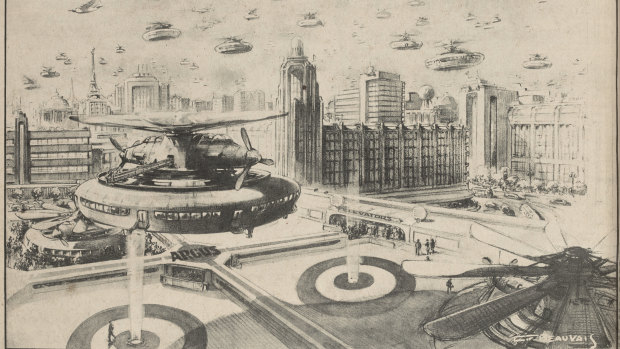 A drawing by C.F. Beauvais published in 1943, showing how he imagined the roof of The Argus building at the corner of Elizabeth and La Trobe Streets in 1970. 