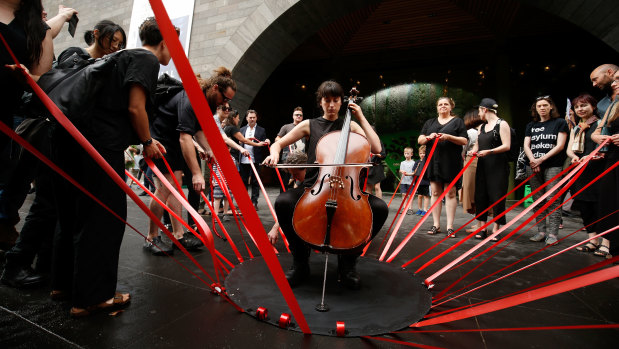 November 2017: a gathering outside the National Gallery of Victoria to protest against Wilson Security, which at the time was used by the NGV and had been connected to alleged abuses on Manus. The NGV later dropped the firm.