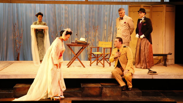 From left, Anna Yun, Sharon Zhai, Matthew Reardon, Andrew Moran and Michael Petruccelli in Opera Australia's 2018 touring production of <i>Madame Butterfly</i>.
