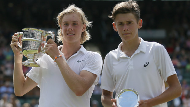 De Minaur (right) with Canada's Denis Shapovalov after making the boys' singles final at Wimbledon, 2016.