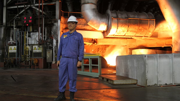 A worker poses at the South Korean POSCO factory in Gwangyang, South Korea.