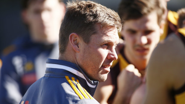 Sam Mitchell addresses his players during the Round 16 VFL match between Collingwood and Box Hill Hawks at the Holden Centre.