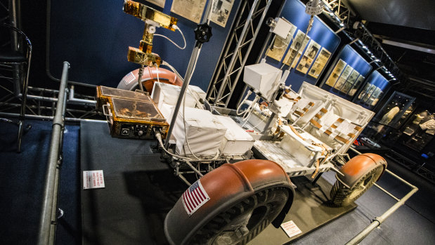 A full-scale replica of the Lunar Rover used on the last three Apollo moon missions.