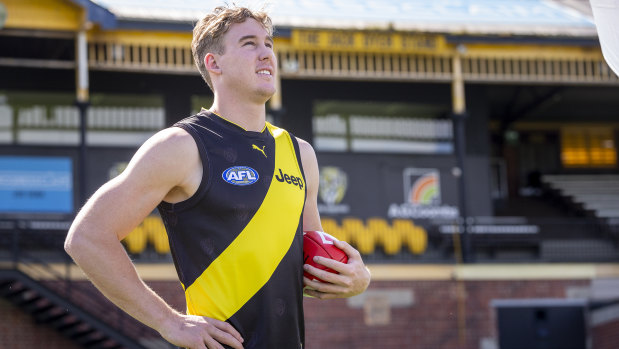 Hallowed ground: Recovering 
Tigers recruit Tom Lynch in front of the Jack Dyer Stand at Punt Road Oval in Richmond.