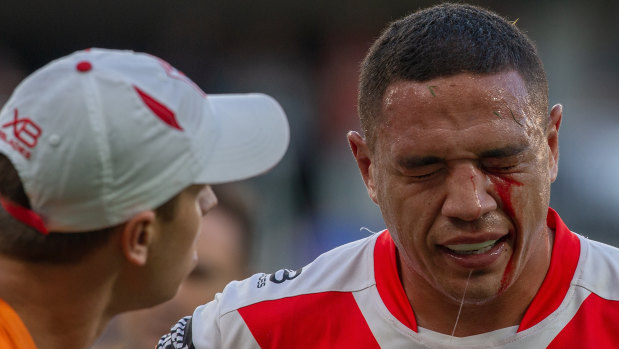 The claret flows from Tyson Frizell after the Dragon was poked in the eye.