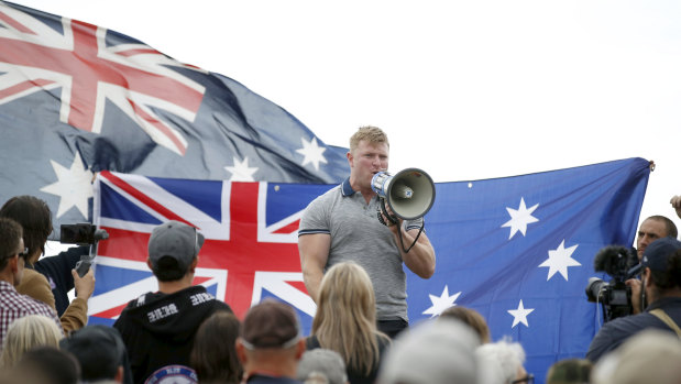 Right-wing extremist Blair Cottrell addresses the rally.