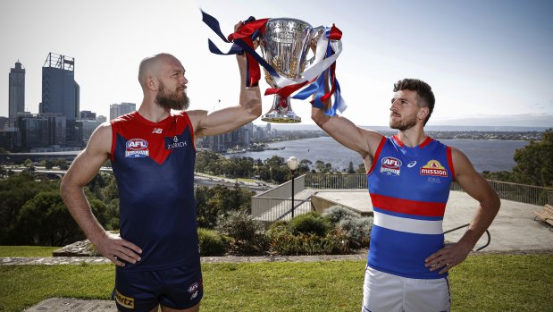 Melbourne captain Max Gawn and Bulldogs skipper Marcus Bontempelli with the AFL Premiership Cup at Kings Park.