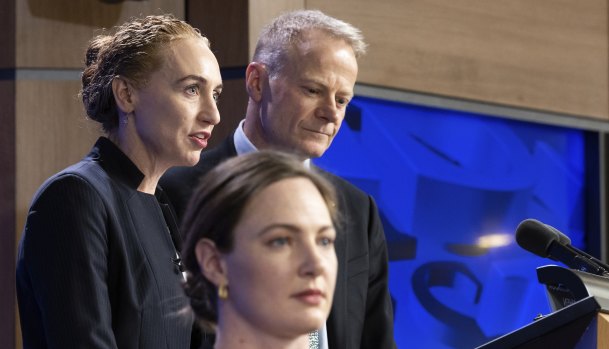 Calling for urgent action to prevent a deadly cancer: Professor Georgina Long with fellow co-medical director of Melanoma Institute Australia Professor Richard Scolyer and Olympian Cate Campbell at the National Press Club of Australia in Canberra.