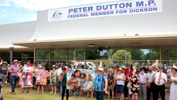 Supporters of a Tamil family snatched from the central Queensland town of Biloela hold a rally outside Peter Dutton's electorate office at Strathpine in Brisbane's north. 