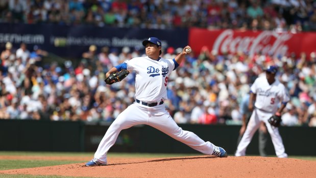 LA Dodgers pitcher Hyun-Jin Ryu from South Korea, in action.
