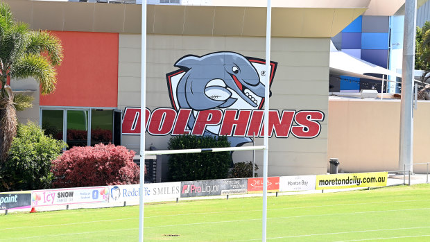 The Dolphins logo on the outside of the Redcliffe Leagues club.