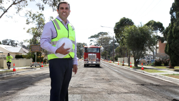 Sutherland Shire Mayor Carmelo Pesce at the stretch of the Old Princes Highway where a recycled road will be laid on Friday. 